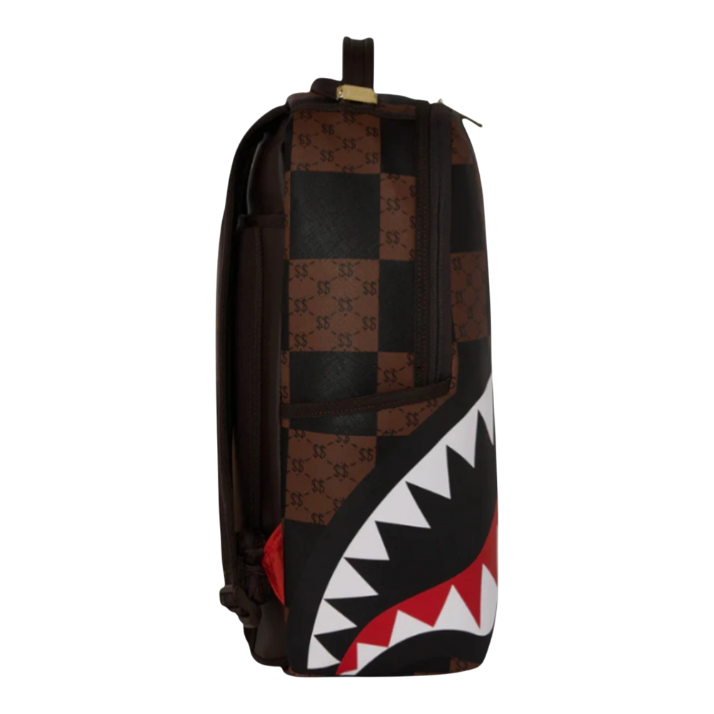 HypeSelection Enlarged check brown and black PVC backpack with iconic shark mouth graphic and gold hardware.