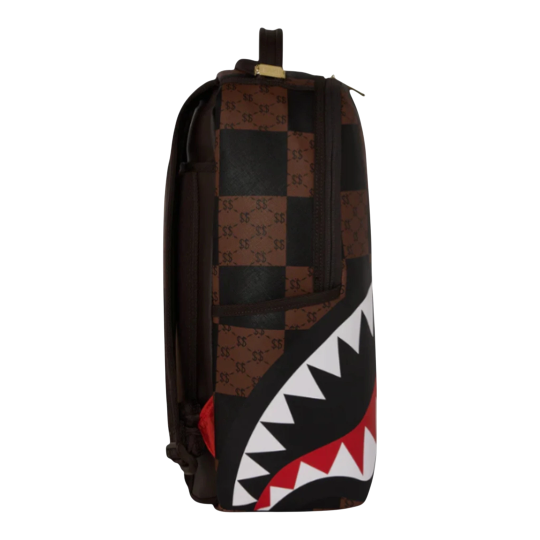 HypeSelection Enlarged check brown and black PVC backpack with iconic shark mouth graphic and gold hardware.