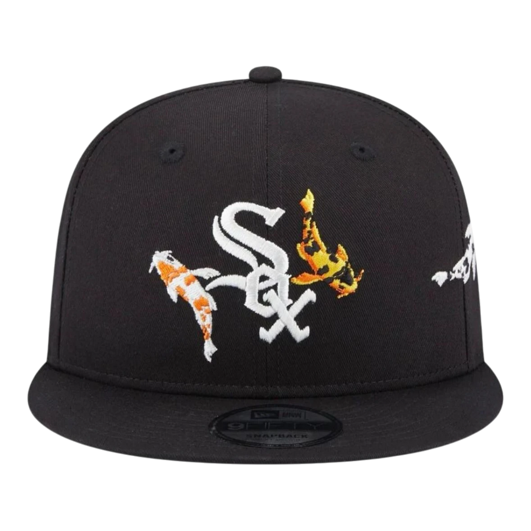 HypeSelection black cotton Chicago White Sox snapback hat with embroidered white SOX logo and orange and yellow koi fish.