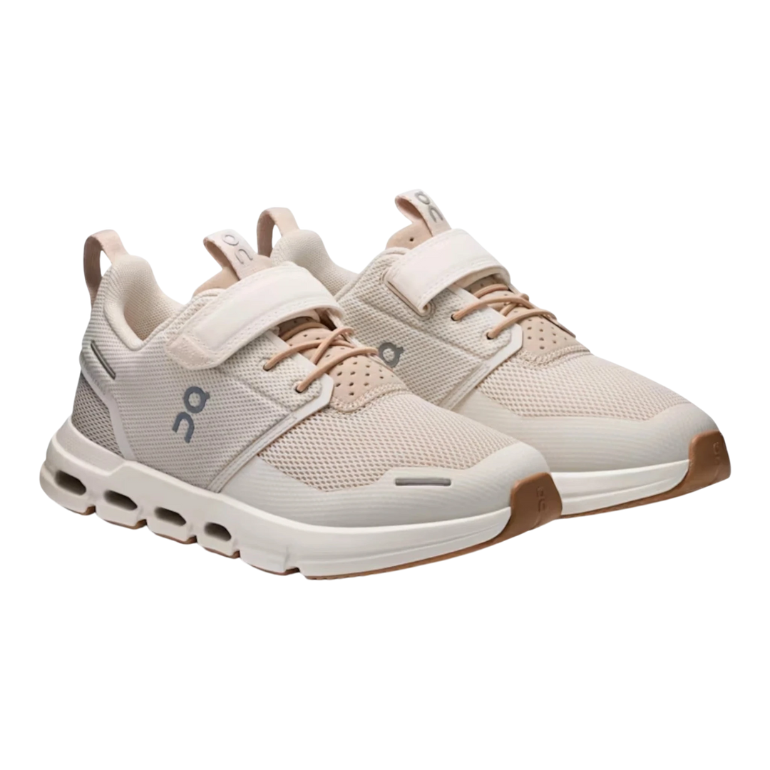 HypeSelection Cloud Play Kids Dew Lark beige mesh sneakers with velcro straps and tan laces.