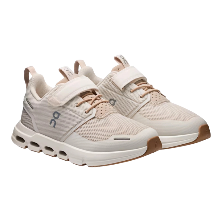 HypeSelection Cloud Play Kids Dew Lark beige mesh sneakers with velcro straps and tan laces.