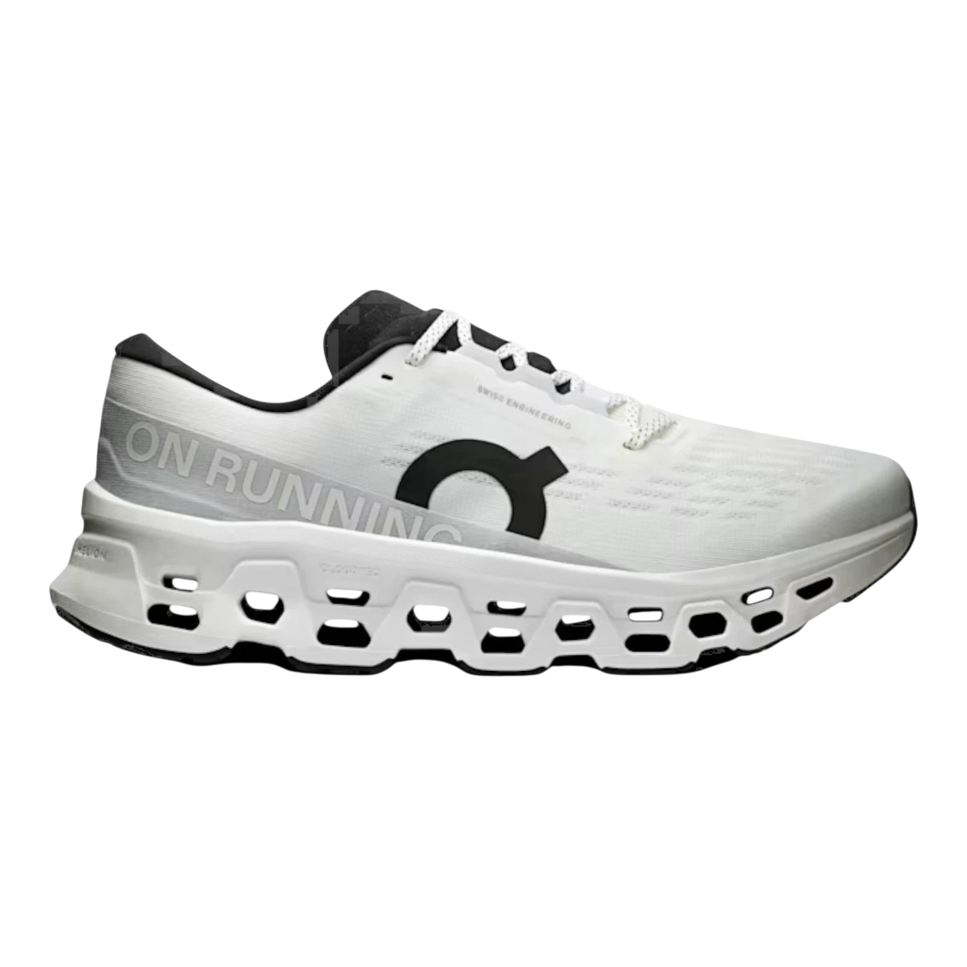HypeSelection Cloudmonster 3 white running shoe with black logo and 'ON RUNNING' text on the side. Features a thick white sole with unique cutouts.