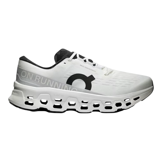 HypeSelection Cloudmonster 3 white running shoe with black logo and 'ON RUNNING' text on the side. Features a thick white sole with unique cutouts.