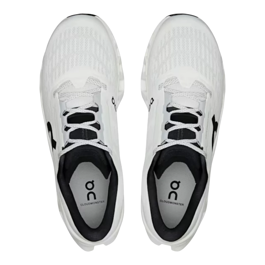 HypeSelection Cloudmonster 3 white running shoes with black accents and laces, featuring breathable mesh upper.