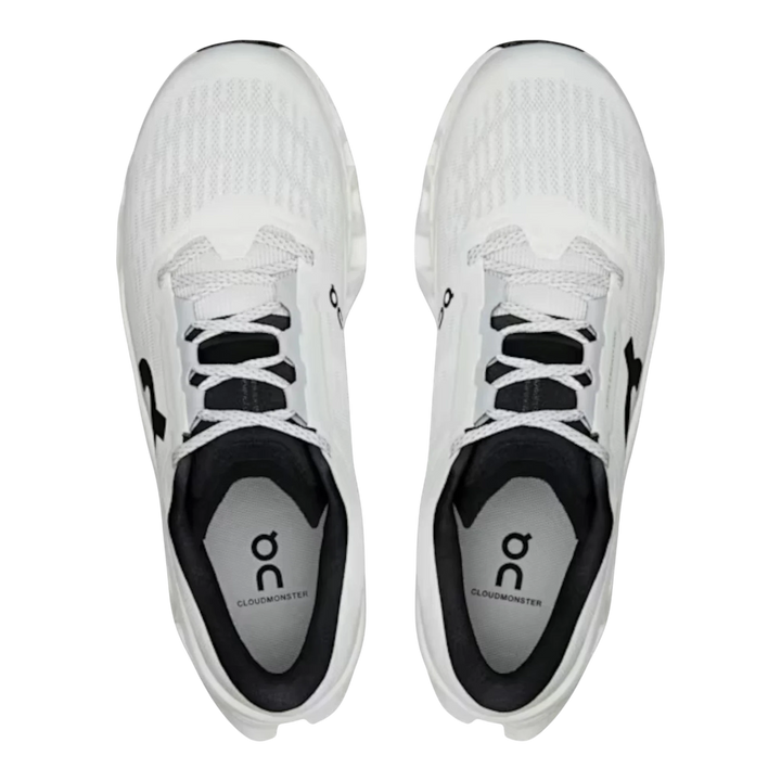 HypeSelection Cloudmonster 3 white running shoes with black accents and laces, featuring breathable mesh upper.