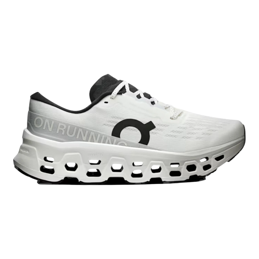 HypeSelection Cloudmonster 3 white women's running shoes with black accents and signature cloud-like sole.