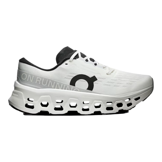 HypeSelection Cloudmonster 3 white women's running shoes with black accents and signature cloud-like sole.