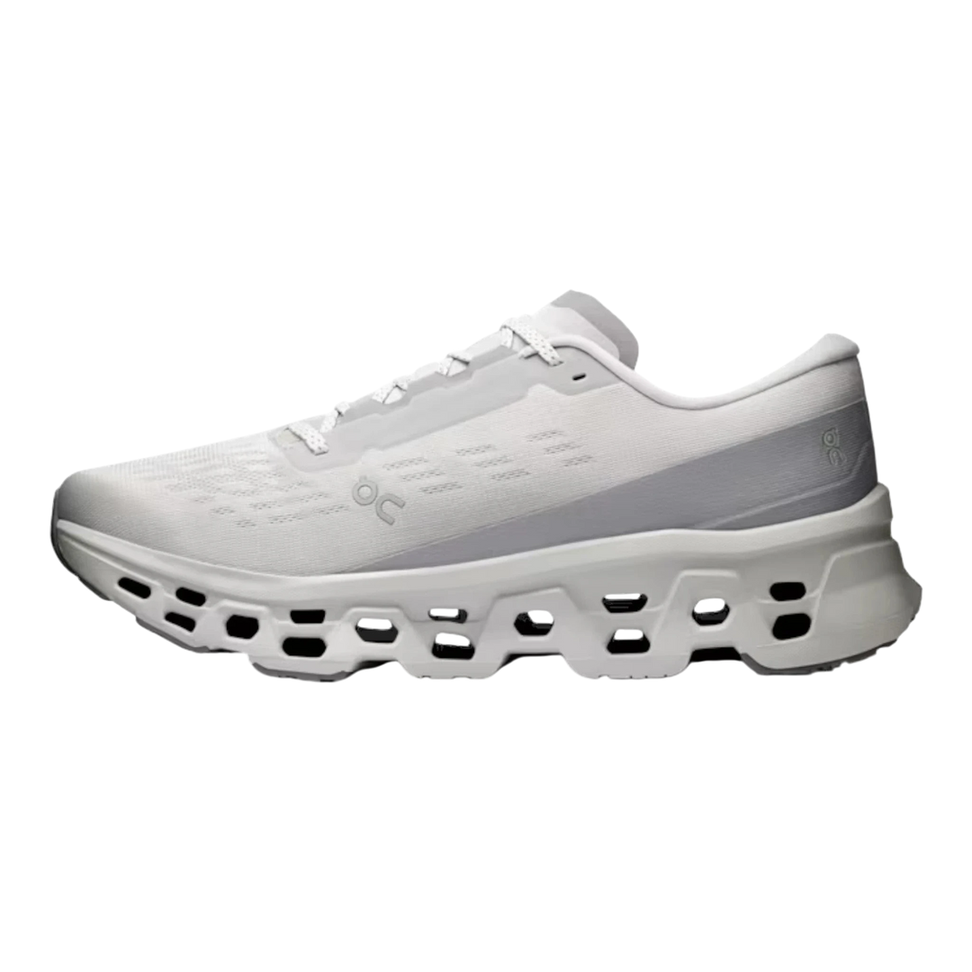HypeSelection Cloudmonster 3 Wolf white running shoe with distinctive white honeycomb-like sole and grey accents.
