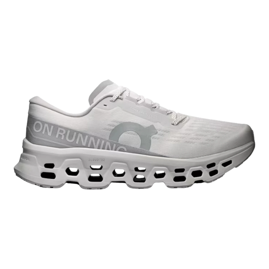 HypeSelection Cloudmonster 3 Wolf white running shoe with grey logo and 'ON RUNNING' text. Features a distinctive white sole with honeycomb-like cutouts.
