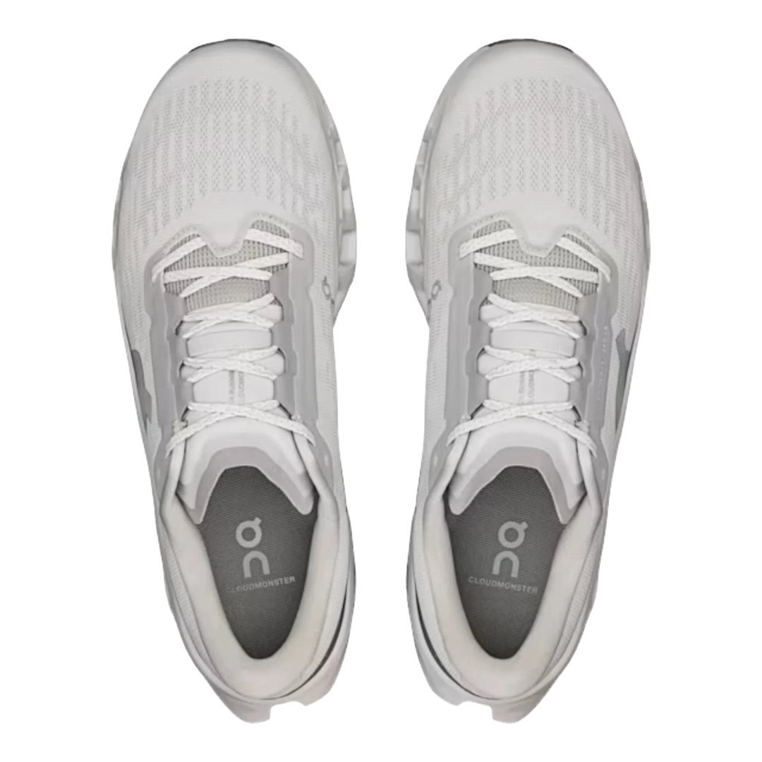 HypeSelection Cloudmonster 3 Wolf white running shoes with grey accents and white laces.