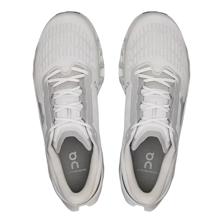 HypeSelection Cloudmonster 3 Wolf white running shoes with grey accents and white laces.