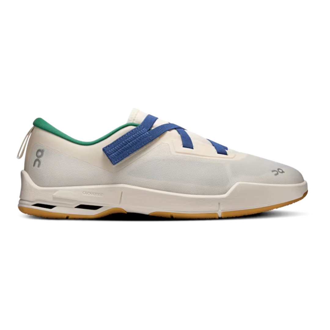 HypeSelection Cloudnova Moon 1 W Dew | Spruce women's lifestyle sneakers in off-white engineered mesh with blue straps and green heel accent.