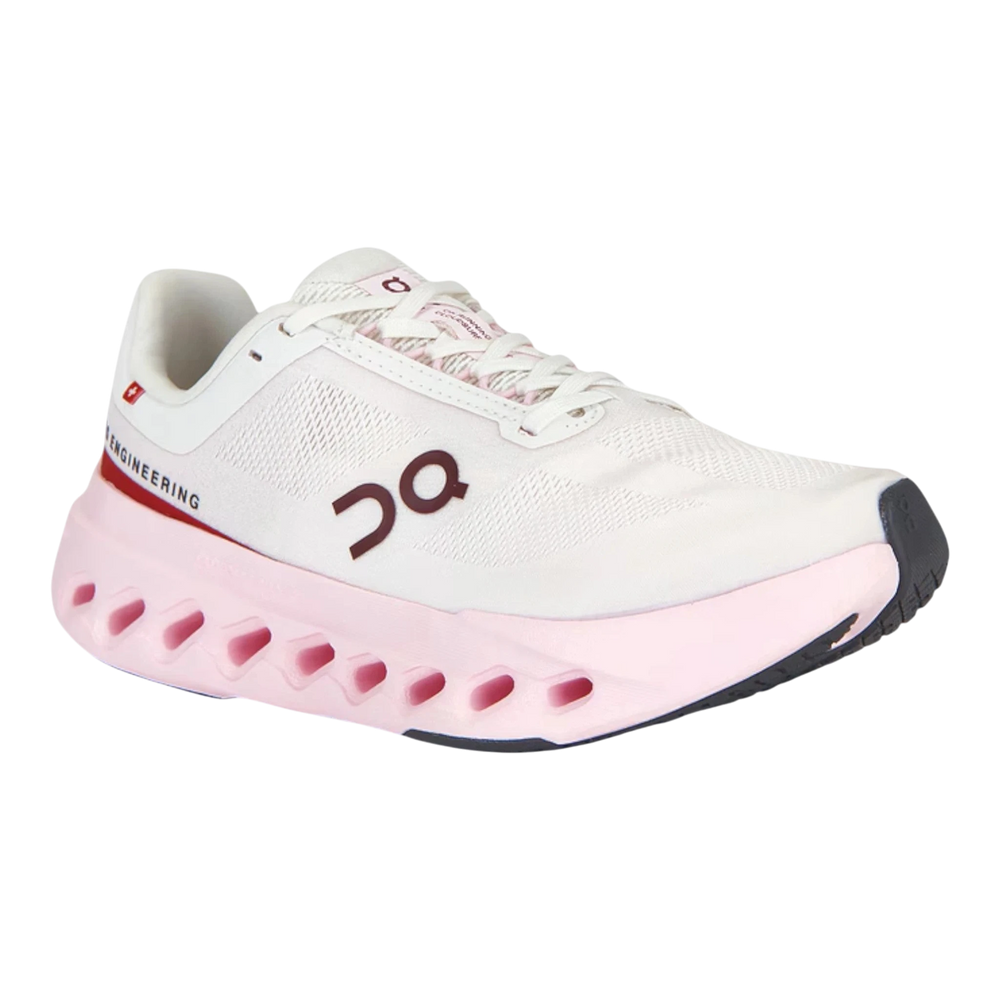 HypeSelection Cloudsurfer 2 Ivory running shoe with pink sole and maroon logo. Features white mesh upper and