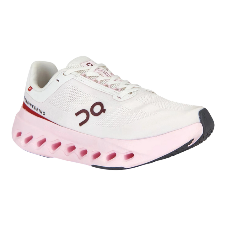 HypeSelection Cloudsurfer 2 Ivory running shoe with pink sole and maroon logo. Features white mesh upper and