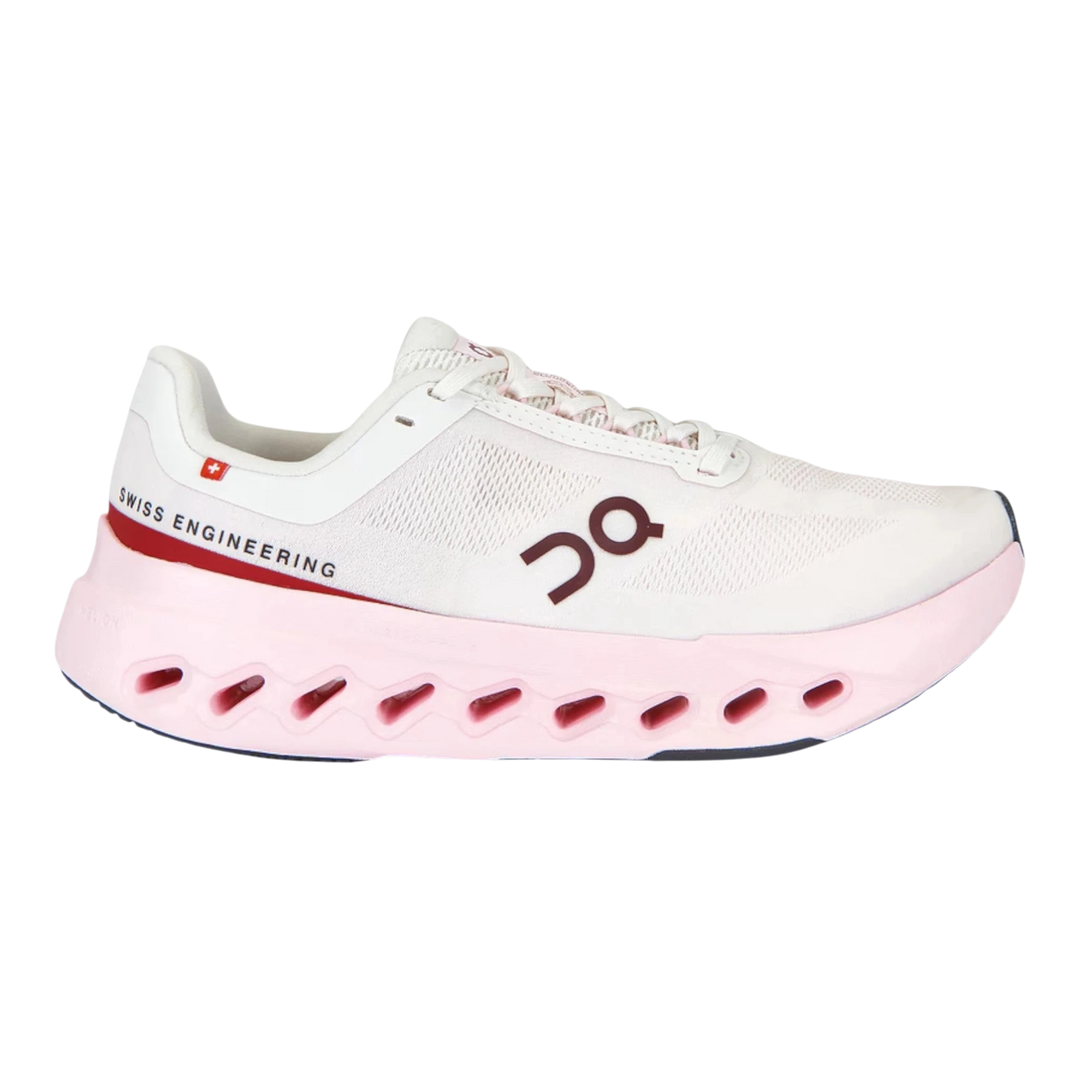 HypeSelection Cloudsurfer 2 Ivory running shoe with pink sole and red accents. Features mesh upper and Swiss Engineering detail.