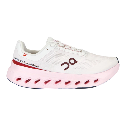 HypeSelection Cloudsurfer 2 Ivory running shoe with pink sole and red accents. Features mesh upper and Swiss Engineering detail.