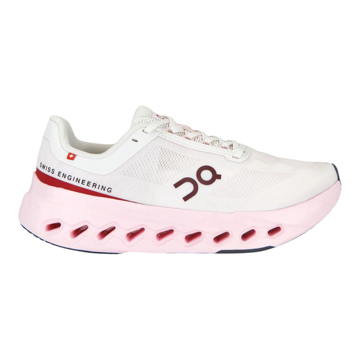 HypeSelection Cloudsurfer 2 Ivory running shoe with pink sole and red accents. Features mesh upper and Swiss Engineering detail.