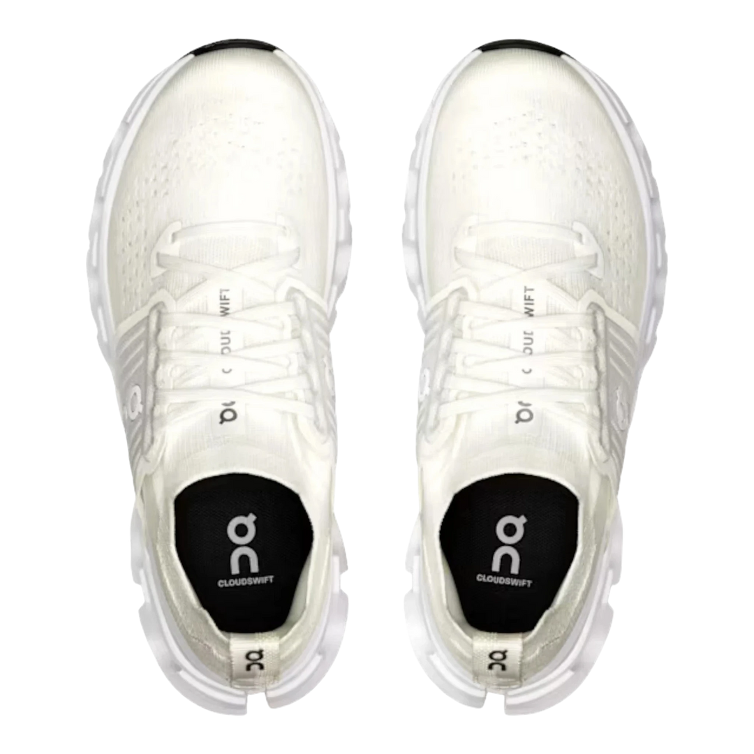HypeSelection Cloudswift 4 white knit running shoes with black accents and white laces.