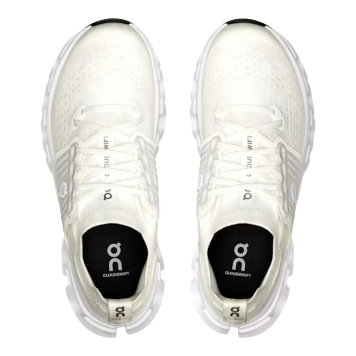 HypeSelection Cloudswift 4 white knit running shoes with black accents and white laces.