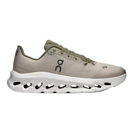 HypeSelection Cloudtilt Olive Desert running shoe with white sculpted sole and breathable mesh upper.