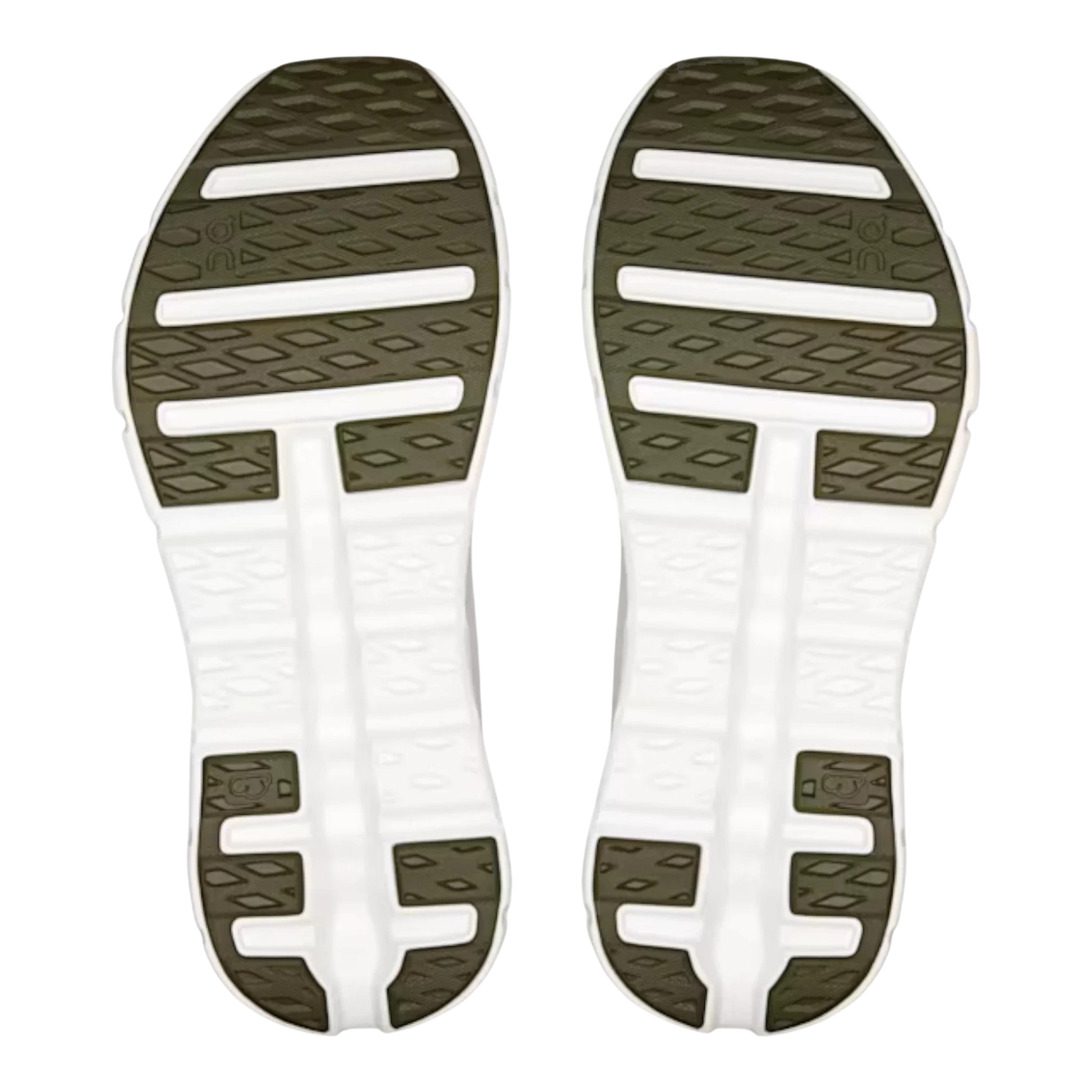 HypeSelection Cloudtilt Olive Desert running shoes soles with white and olive green rubber.