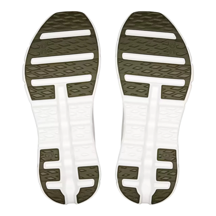HypeSelection Cloudtilt Olive Desert running shoes soles with white and olive green rubber.