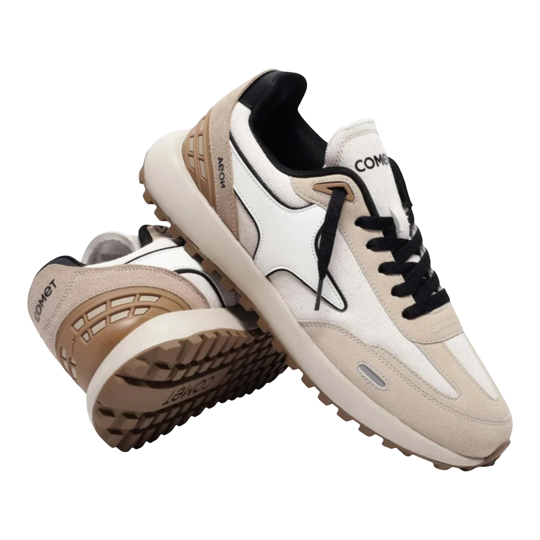 HypeSelection Comet Aeon v2 Affogato sneakers in cream, white, and brown suede with black laces and waffle sole.