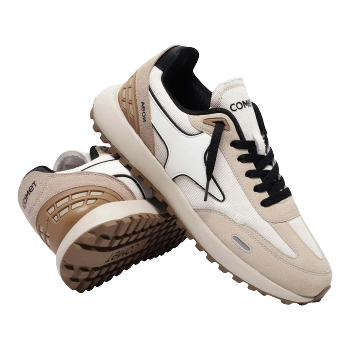 HypeSelection Comet Aeon v2 Affogato sneakers in cream, white, and brown suede with black laces and waffle sole.