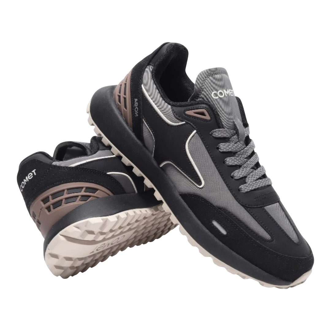 HypeSelection Comet Aeon v2 Eclipse black and grey nylon sneakers with suede overlays and waffle outsole.