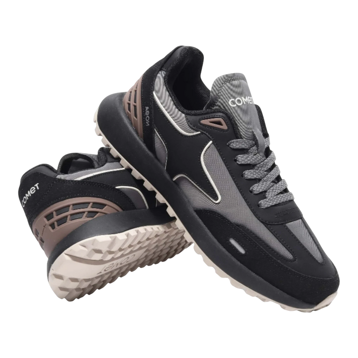 HypeSelection Comet Aeon v2 Eclipse black and grey nylon sneakers with suede overlays and waffle outsole.