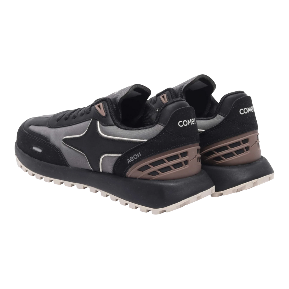 HypeSelection Comet Aeon v2 Eclipse sneakers in black and grey with brown accents, nylon and suede upper, EVA cushioning, and rubber waffle outsole.