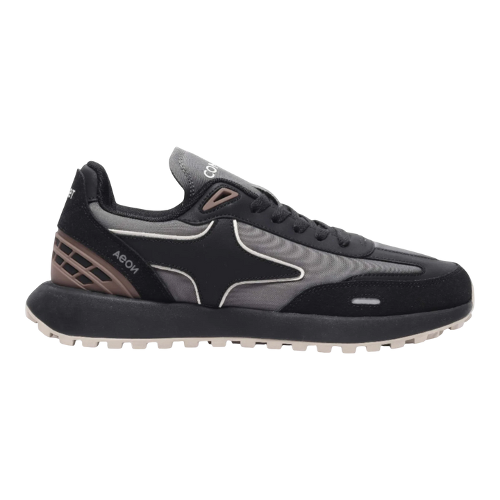 HypeSelection Comet Aeon v2 Eclipse black and grey nylon and suede sneakers with EVA cushioning and rubber waffle outsole.