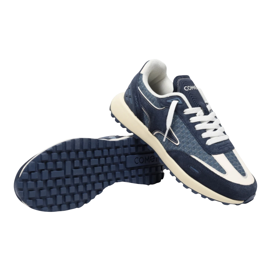 HypeSelection Comet Aeon v2 Riptide navy blue sneakers with white laces, EVA cushioning, and rubber waffle outsole.