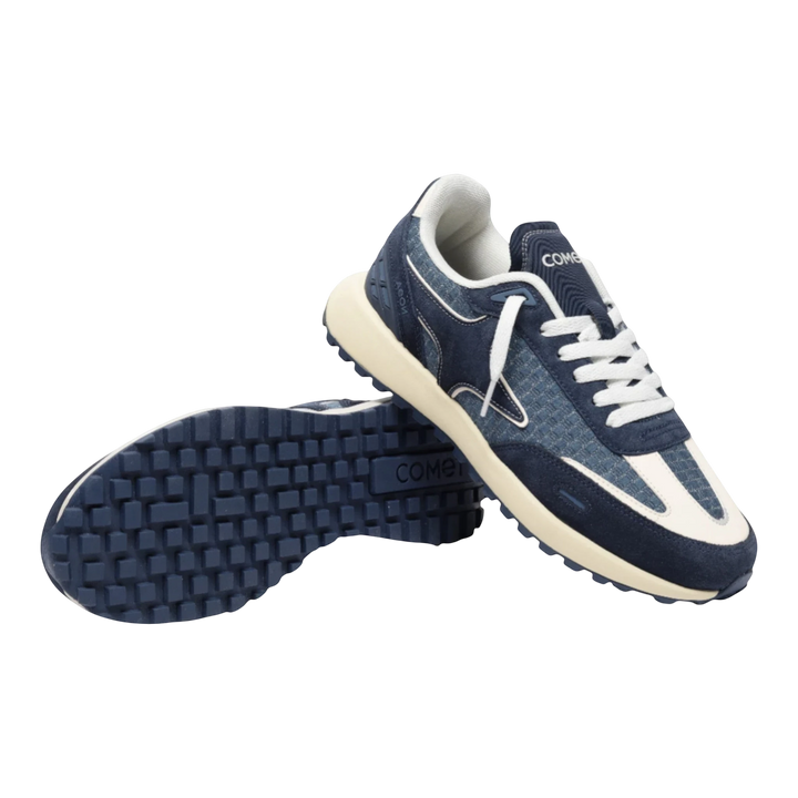 HypeSelection Comet Aeon v2 Riptide navy blue sneakers with white laces, EVA cushioning, and rubber waffle outsole.