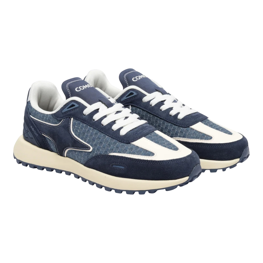 HypeSelection Comet Aeon v2 Riptide navy blue and cream suede and jacquard weave sneakers with white laces and EVA sole.