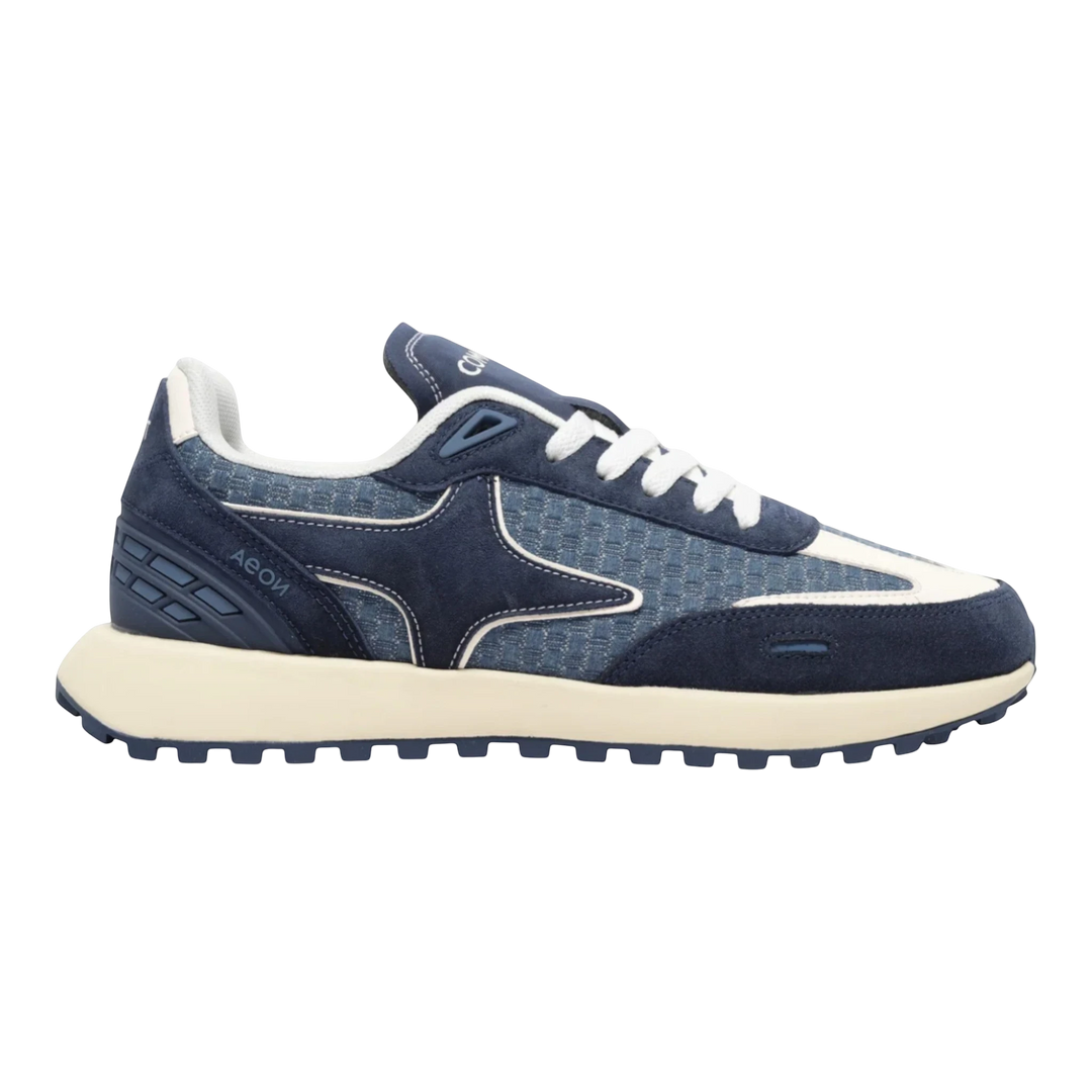 HypeSelection Comet Aeon v2 Riptide navy blue and white sneakers with EVA cushioning and waffle outsole.