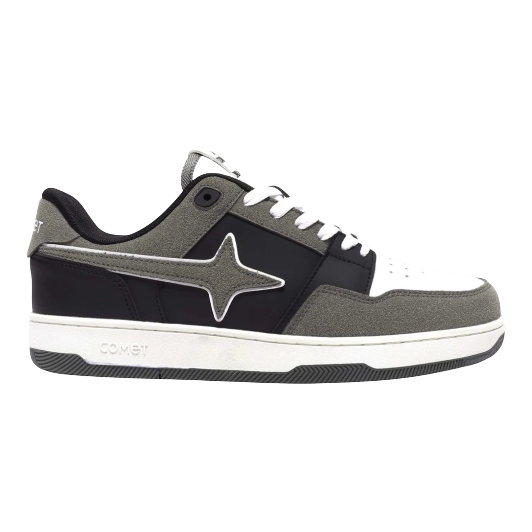 HypeSelection Comet X Lows Greyscale sneakers with white toe box, grey suede panels, black leather, and white laces.