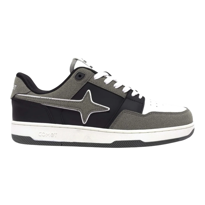 HypeSelection Comet X Lows Greyscale sneakers with white toe box, grey suede panels, black leather, and white laces.