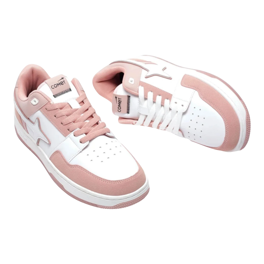 HypeSelection Comet X Lows Flamingo sneakers in pink and white, featuring faux leather, suede, and mesh. Comfortable with a roomy toe box and SpaceWalk sole.