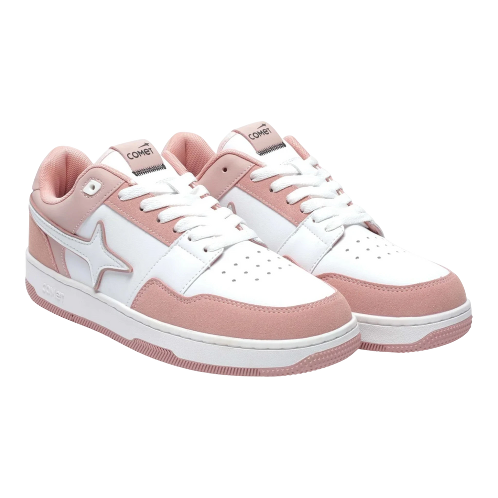 HypeSelection Comet X Lows Flamingo sneakers in pink and white faux leather and suede with a star detail and white laces.