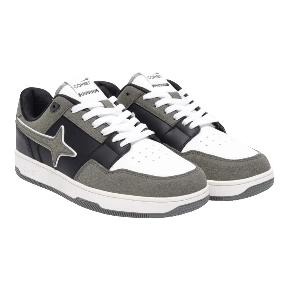 HypeSelection Comet X Lows Greyscale sneakers with white, black, and grey suede panels and a star logo.