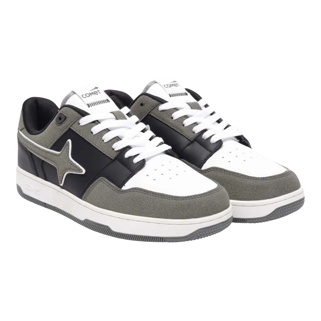HypeSelection Comet X Lows Greyscale sneakers with white, black, and grey suede panels and a star logo.