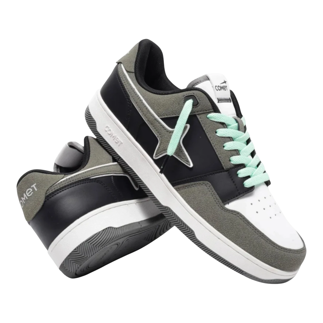 HypeSelection Comet X Lows Greyscale sneakers with white, black, and grey suede panels and mint laces.