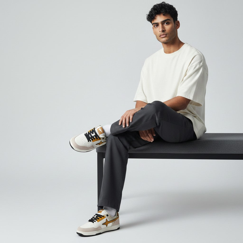 HypeSelection Comet X Lows Hazelnut sneakers in white, tan, and beige faux leather with a star logo and rubber sole.