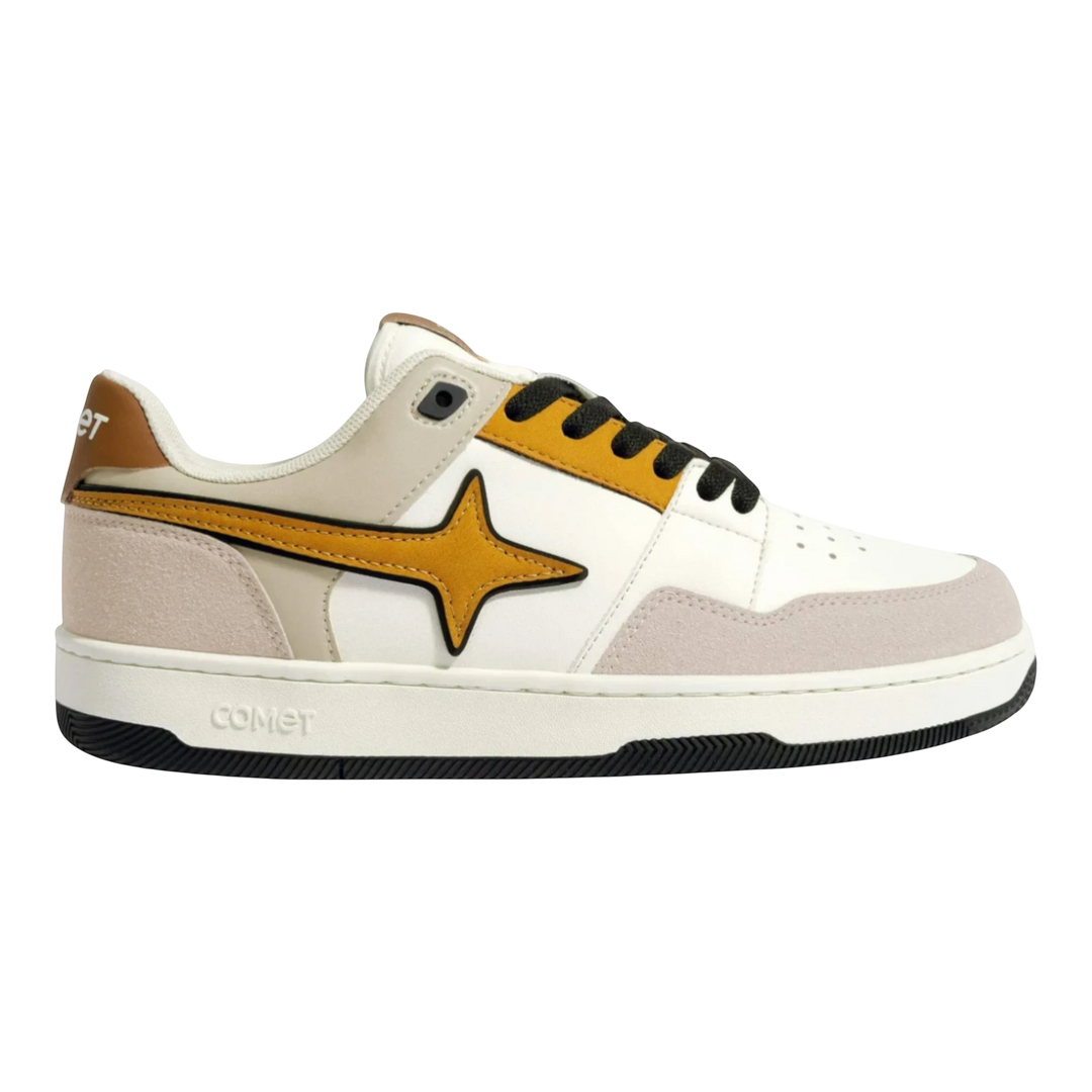 HypeSelection Comet X Lows Hazelnut sneakers in white, tan, and beige faux leather with a star logo and rubber sole.