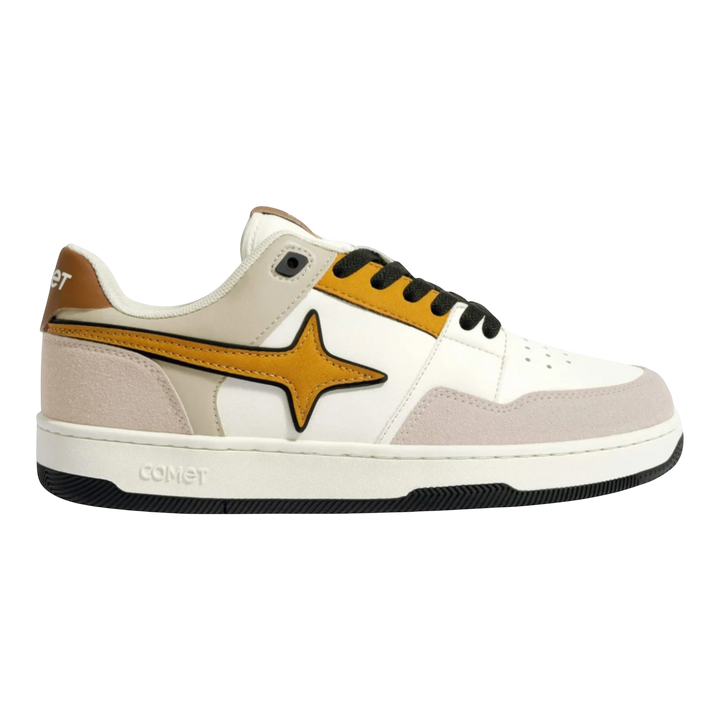 HypeSelection Comet X Lows Hazelnut sneakers in white, tan, and beige faux leather with a star logo and rubber sole.