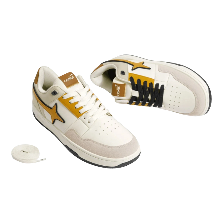 HypeSelection Comet X Lows Hazelnut sneakers in white, tan, and beige faux leather with a star logo and comfortable SpaceWalk sole.