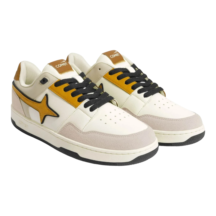 HypeSelection Comet X Lows Hazelnut sneakers in cream, tan, and beige faux leather with a yellow star logo and black laces.
