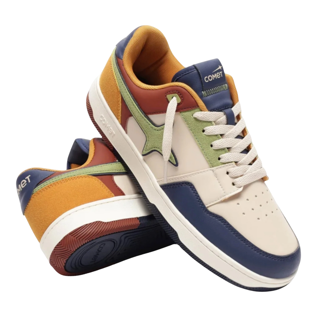 HypeSelection Comet X Lows Madagascar sneakers in pastel blue, green, and brown colorblock. Faux leather and suede upper with white laces.