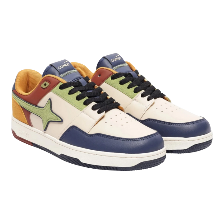 HypeSelection Comet X Lows Madagascar sneakers in cream, blue, green, brown, and yellow faux leather with a star logo.